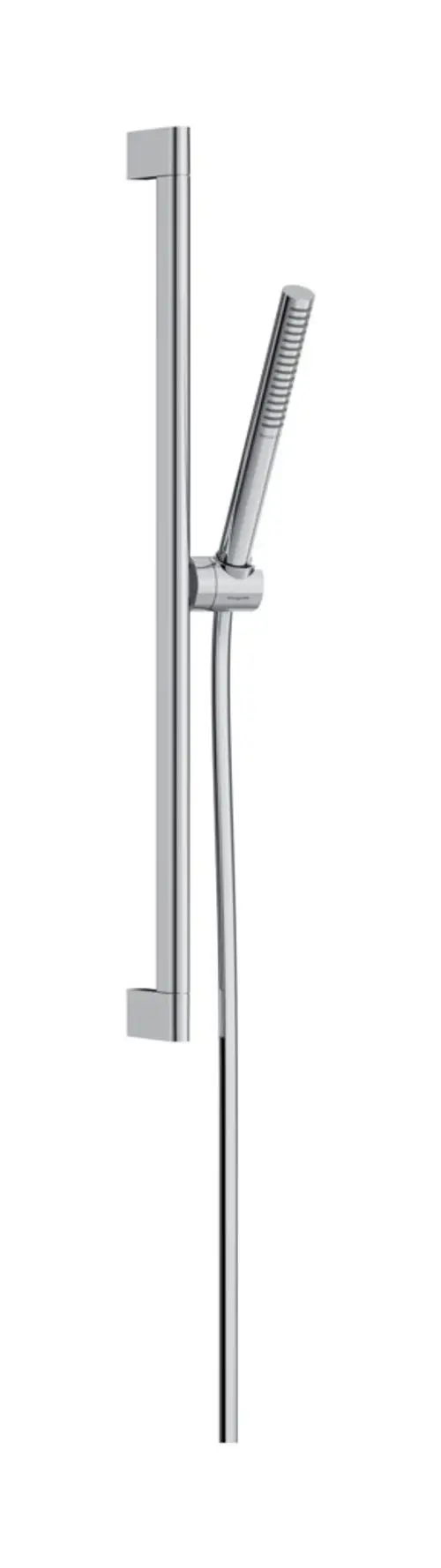 Hansgrohe Brauseset mit einer Brausestange und einem Handbrausekopf, gefertigt aus verchromtem Material, in vertikaler Position abgebildet.
